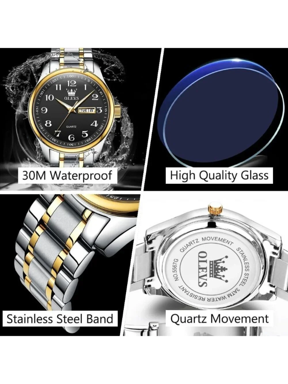 Men's Silver Black Stainless Steel Analog Quartz Classic Waterproof Round Watch